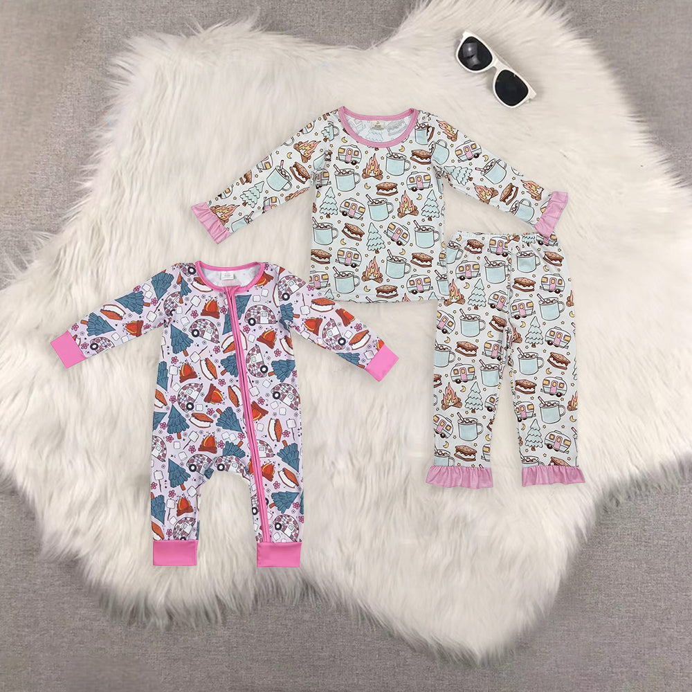 Sibling Baby Girls Fall Cookies Cars Bamboo Pajamas Outfits Sets Zipper Romper