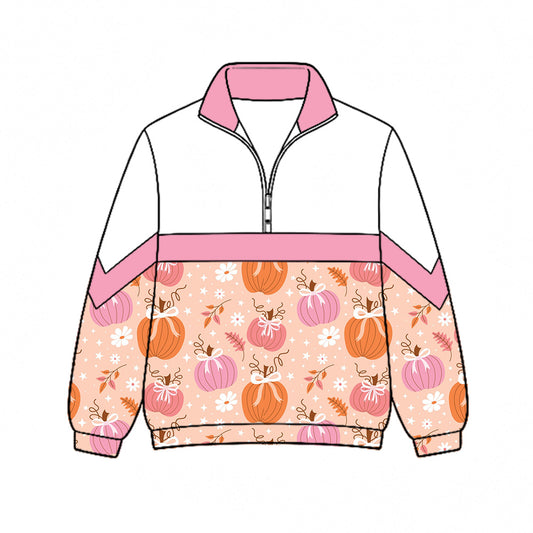 Preorder (moq 5)Baby Girls Bows Pumpkins Flowers Fall Zip Pullovers Top