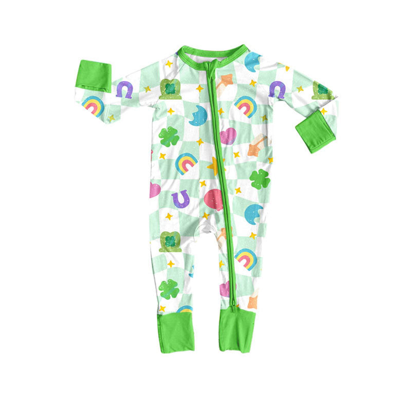 Preorder (moq 5)Baby Girls Green Checked Clovers Stars St Patrick Zipper Footie Rompers