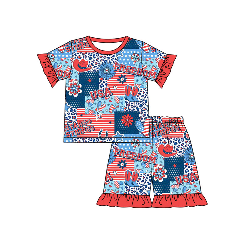 Preorder (moq 5)Baby Girls 4th Of July USA Boots Tops Shorts Pajamas Clothes Sets