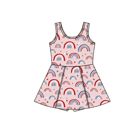 Preorder (moq 5)Baby Girls Pink Sleeveless Star Rainbows 4th of July Shorts Knee Length Dress