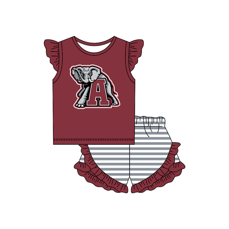 Preorder (moq 5)Baby Girls A Elephants Top Stripe Ruffle Shorts Team Clothes Set