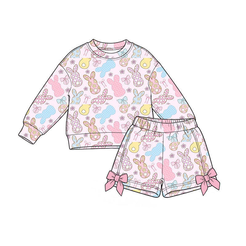 Preorder(moq5) Toddler Girls Easter Casual 2-Piece Outfit Bunny Egg Print Long-Sleeve Sweatshirt Bow Short Kids Clothing Set