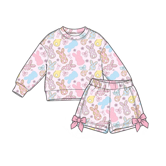 Preorder(moq5) Toddler Girls Easter Casual 2-Piece Outfit Bunny Egg Print Long-Sleeve Sweatshirt Bow Short Kids Clothing Set