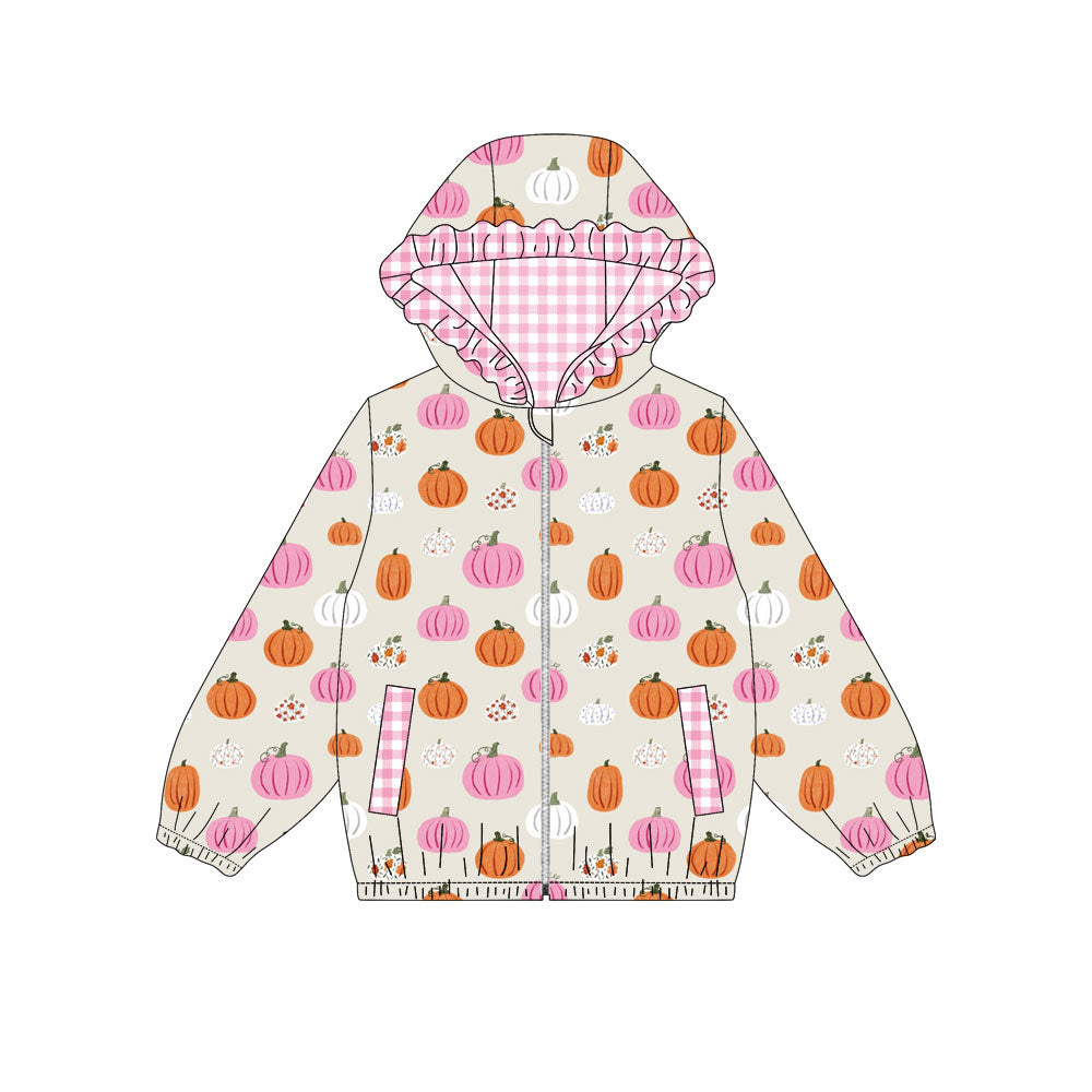 Preorder (moq 5)Baby Girls Long Sleeve Flowers Pumpkins Fall Pockets Zip Hoodies Top
