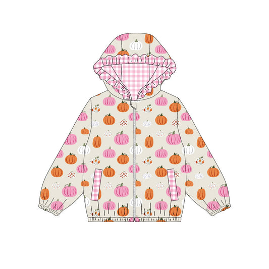 Preorder (moq 5)Baby Girls Long Sleeve Flowers Pumpkins Fall Pockets Zip Hoodies Top