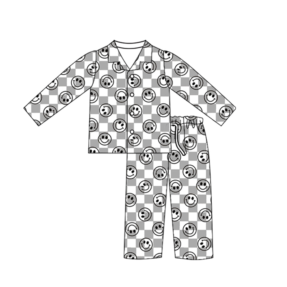 preorder(moq 5) Baby Boys Long Sleeves Gray Smiles Plaid Button Top Pants Pajamas Set