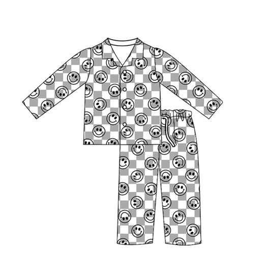 preorder(moq 5) Baby Boys Long Sleeves Gray Smiles Plaid Button Top Pants Pajamas Set