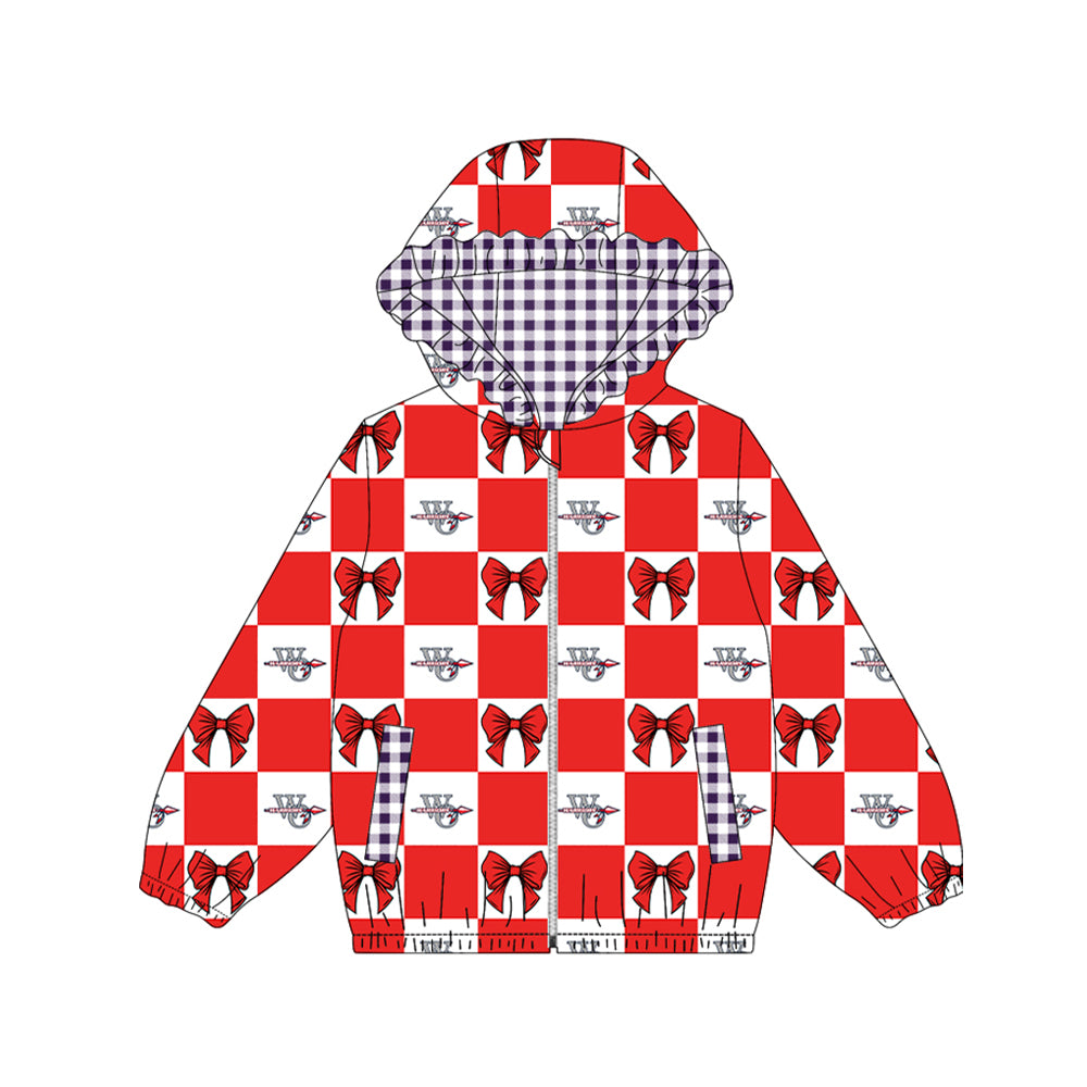 Preorder (moq 5)Baby Girls Red Bows Checked Warriors Zip Pockets Team Ruffle Hoodies Top