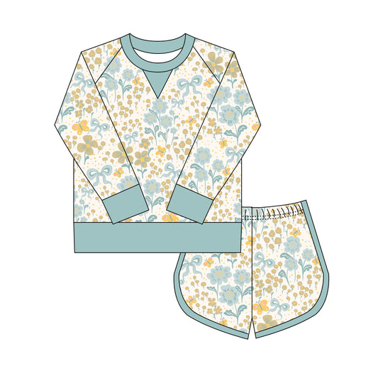 Preorder(moq 8)Baby Girls Yellow Blue Butterfly Flowers Long Sleeve Top Shorts Clothes Set