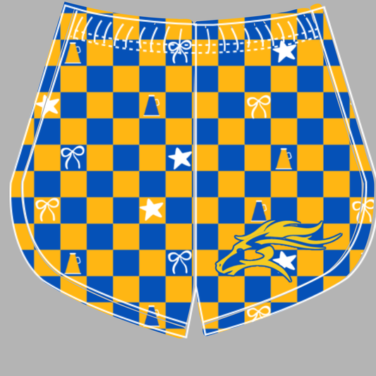 Preorder (moq 5)Baby Girls Yellow Blue Checked Mustangs Cheer Team Shorts Bottoms