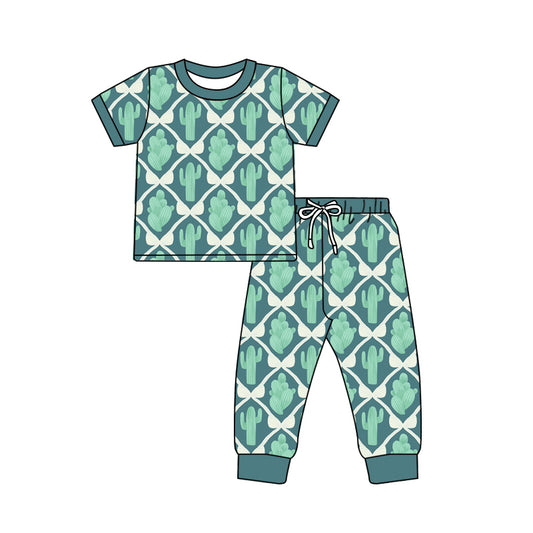 Preorder (moq 5)Baby Girls Bows Cactus Checked Top Pants Western Pajamas Sets