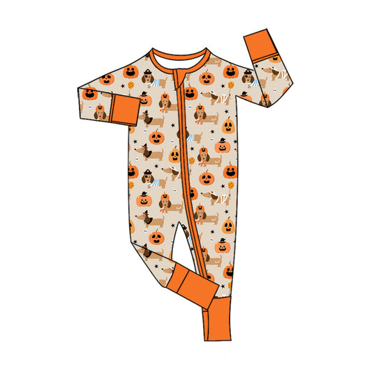 Preorder (moq 5)Baby Boys Ghost Pumpkins Dogs Halloween Two Way Zip Convertible Rompers