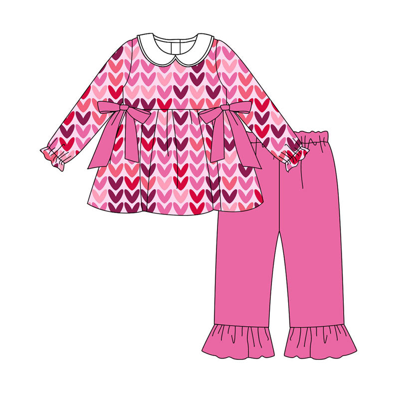Preorder (moq 5)Baby Girls Pink Hearts Bows Tunic Ruffle Pants Valentine Clothes Sets