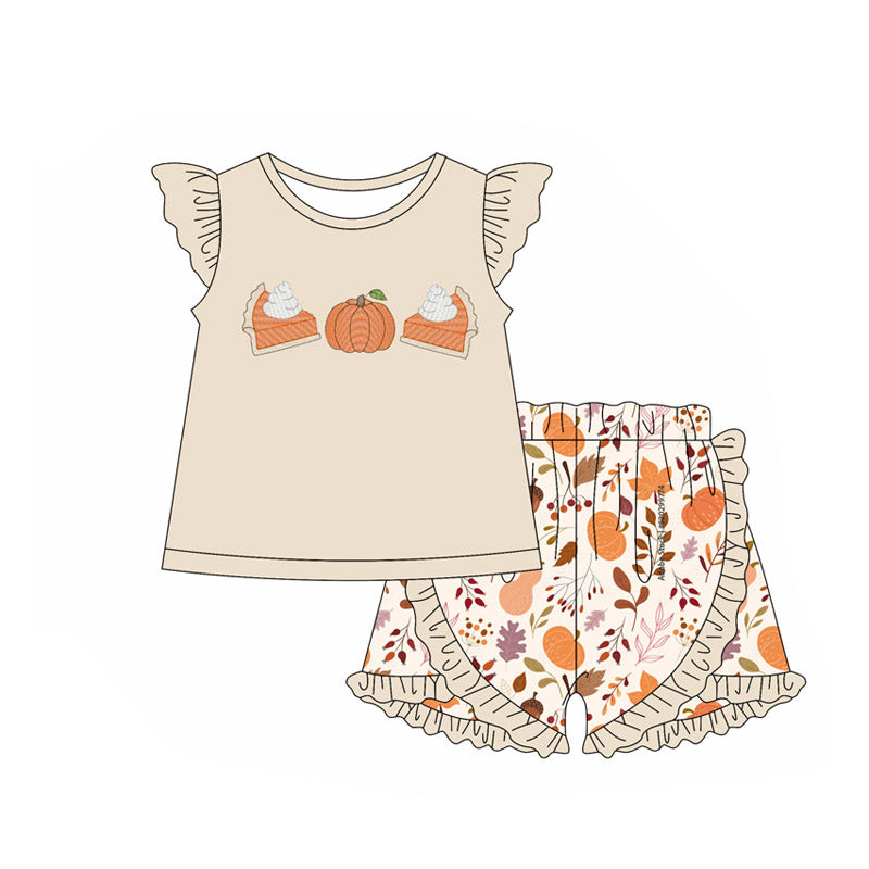 Preorder (moq 5)Baby Girls lvory Flutter Sleeves Cakes Pumpkins Top Floral Ruffle Shorts Set