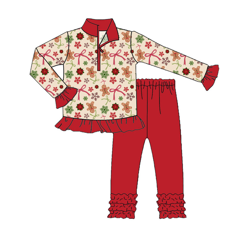 Preorder (moq 5)Baby Girls Gingerbread Bows Holly Zipper Pullover Ruffle Leggings Christmas Sets