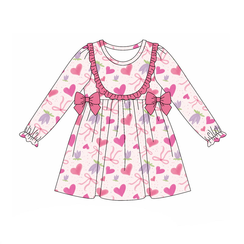 Preorder (moq 5)Baby Girls Long Ruffle Sleeves Pink Hearts Flowers Bows Knee Length Dress