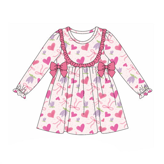 Preorder (moq 5)Baby Girls Long Ruffle Sleeves Pink Hearts Flowers Bows Knee Length Dress