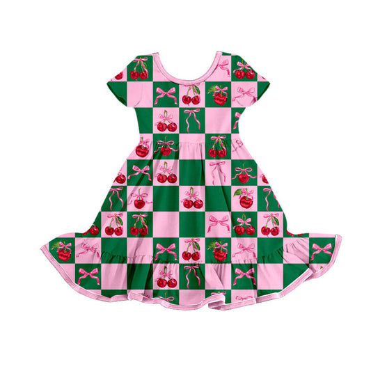 Preorder(moq 8)Baby Girls Pink Green Checked Bows Cherry Ruffle Knee Length Dresses