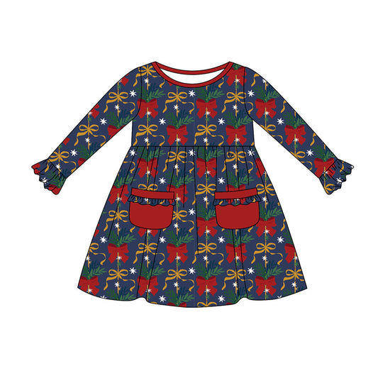 Preorder (moq 5)Baby Girls Bows Holly Pockets Christmas Knee Length Dresses