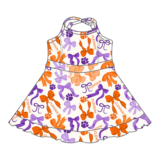Preorder (moq 5)Baby Girls Strap Orange Purple Bows Plaid Short Ruffle Team Knee Length Dresses