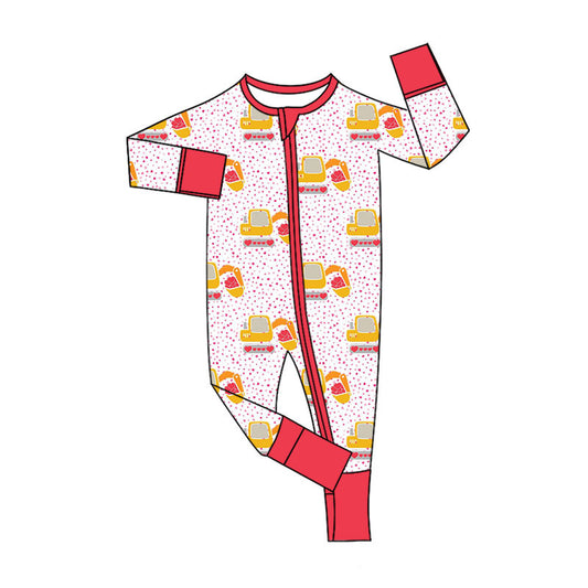 Preorder (moq 5)Baby Girls Hearts Excavators Valentines Two Way Zip Convertible Rompers