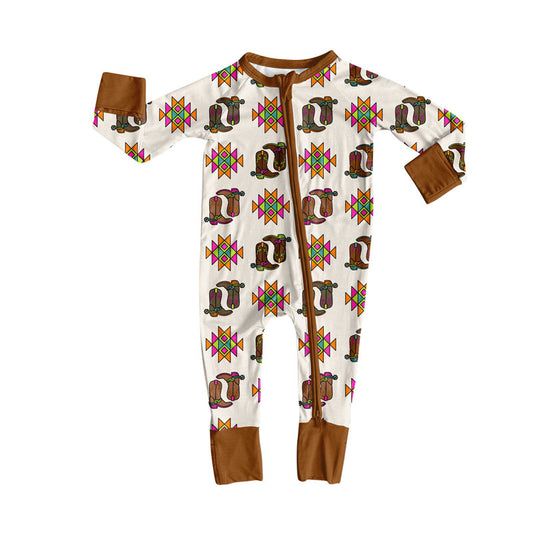 Preorder (moq 8)Baby Boys Long Sleeve Aztec Boots Western Zipper Footie Rompers