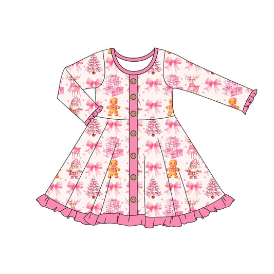 Preorder (moq 5)Baby Girls Long Ruffle Sleeves Pink Bows Gingerbread Button Knee Length Dresses