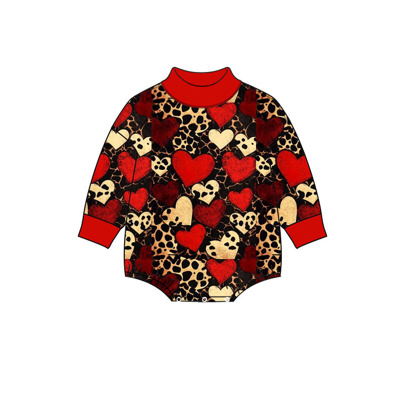 Preorder (moq 5) Baby Girl Clothes Valentine Vintage Leopard Multi Red Heart Print Long Sleeve Turtleneck Romper