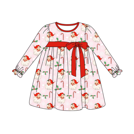 Preorder (moq 5)Baby Girls Pink Long Ruffle Sleeves Santa Candy Cane Knee Length Dresses