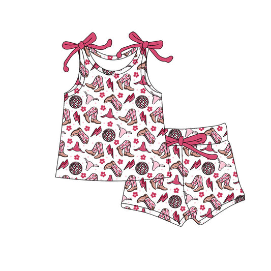 Preorder moq 5 Baby Girls Sleeveless Boot Cows Flowers Top Short Western Clothes Sets