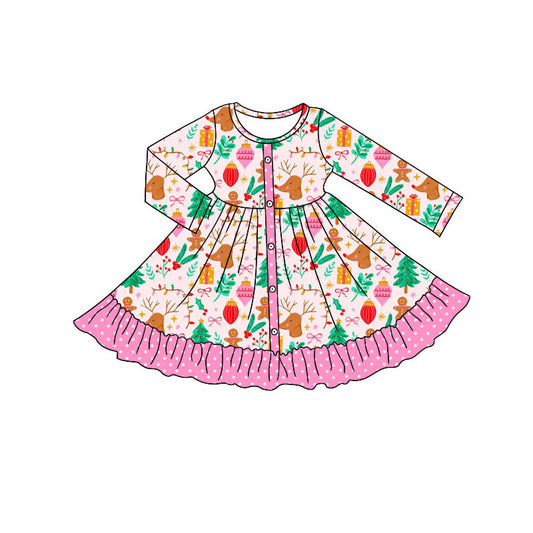 Preorder (moq 5)Baby Girls Gifts Deer Button Christmas Ruffle Knee Length Dresses
