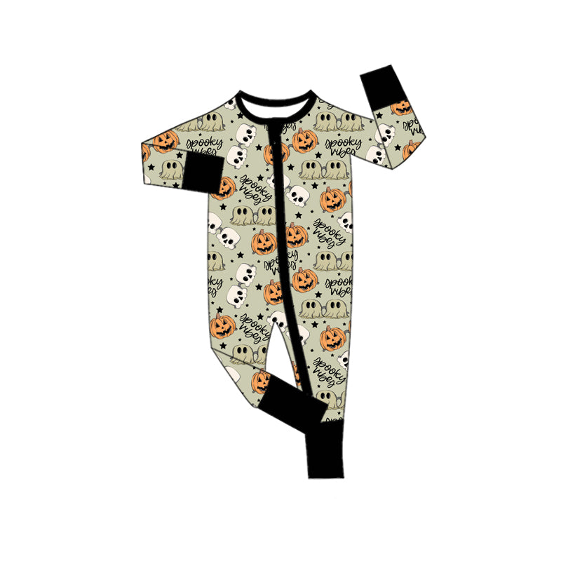 Preorder moq 5 Baby Infant Boys Long Sleeves Green Ghosts Pumpkins Plaid Zipper Romper