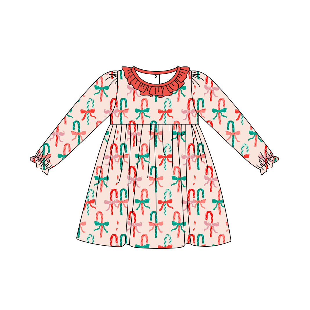 Preorder (moq 5)Baby Girls Christmas Red Candy Cane Ruffle Knee Length Dresses