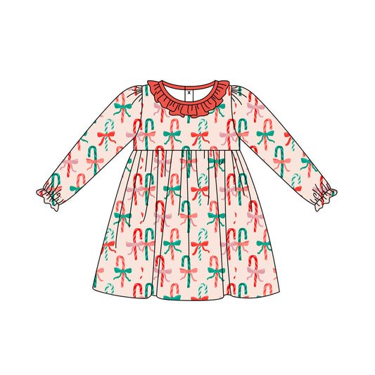 Preorder (moq 5)Baby Girls Christmas Red Candy Cane Ruffle Knee Length Dresses