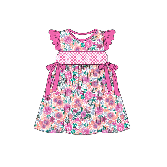 Preorder (moq 5)Baby Girls Hot Pink Flutter Sleeves Floral Bows Knee Length Dress