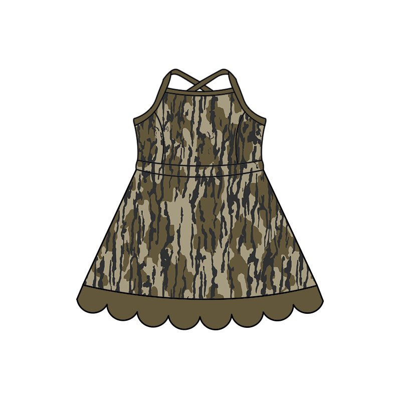 Preorder (moq 5)Baby Girls Strap Southern Olive Camo Scallop Knee Length Dresses