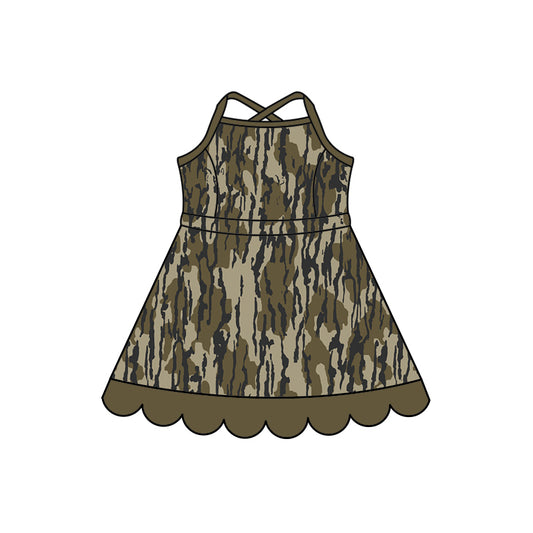 Preorder (moq 5)Baby Girls Strap Southern Olive Camo Scallop Knee Length Dresses