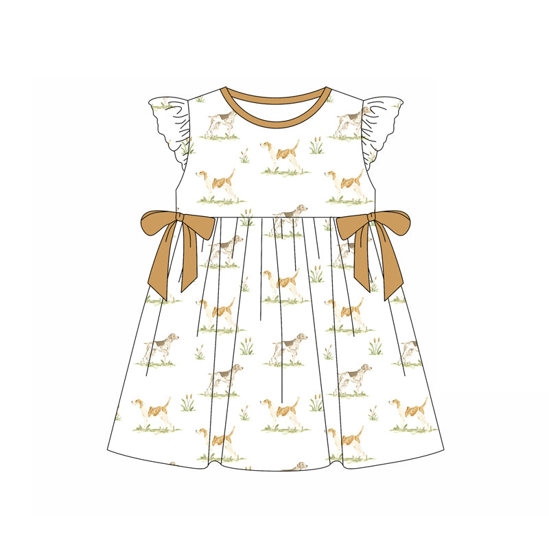 Preorder (moq 5)Baby Girls Flutter Sleeves Dogs Bows Knee Length Dresses