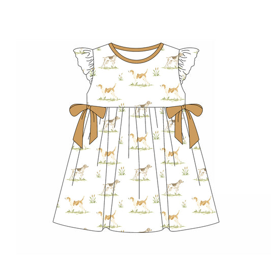 Preorder (moq 5)Baby Girls Flutter Sleeves Dogs Bows Knee Length Dresses