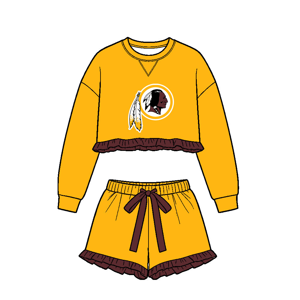 Preorder (moq 5)Baby Girls Yellow Long Sleeve Redskins Top Ruffle Short Team Clothes Set