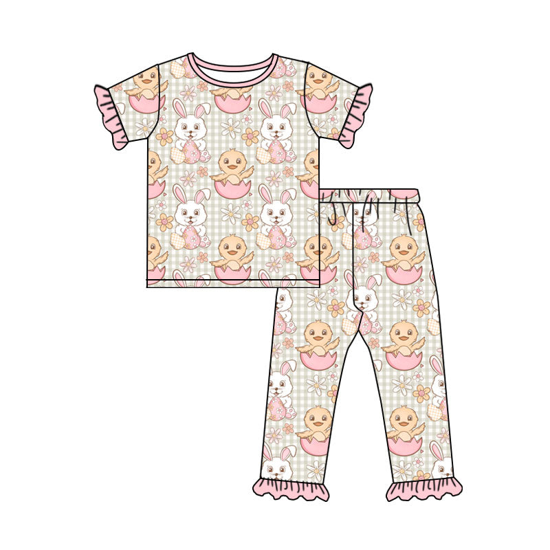 Preorder (moq 5) Baby Girl Clothes Easter Bunny Duck Gingham Mixed Print Short Sleeve Ruffle Top Long Pant Set