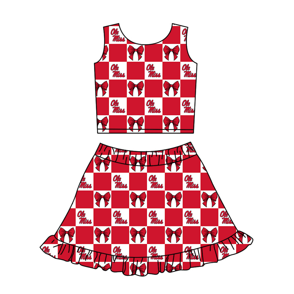 Preorder (moq 5)Baby Girls Ole Miss Bows Checked Vests Ruffle Skirt Shorts Team Clothes Sets