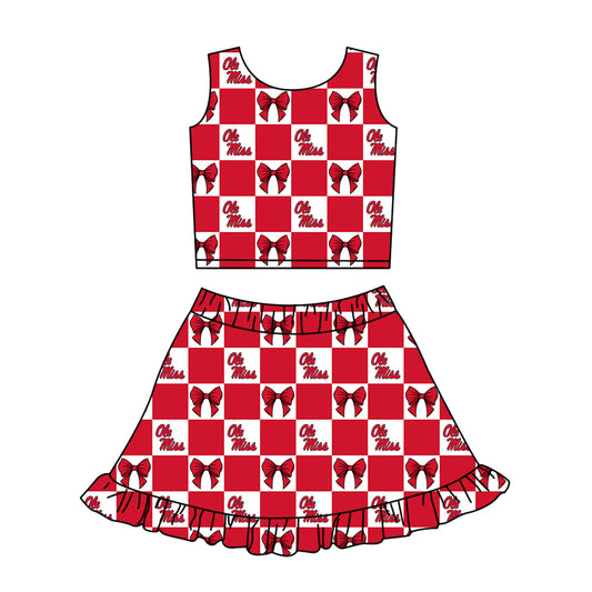 Preorder (moq 5)Baby Girls Ole Miss Bows Checked Vests Ruffle Skirt Shorts Team Clothes Sets