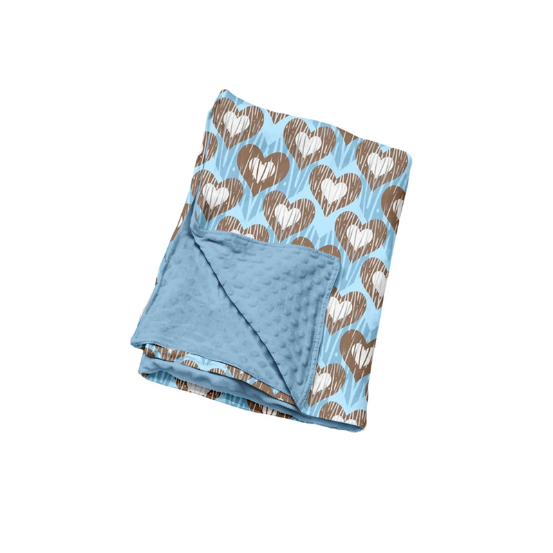 Preorder (moq 5) Baby Blue Brown Heart Print Minky Dot Back Swaddle Blanket
