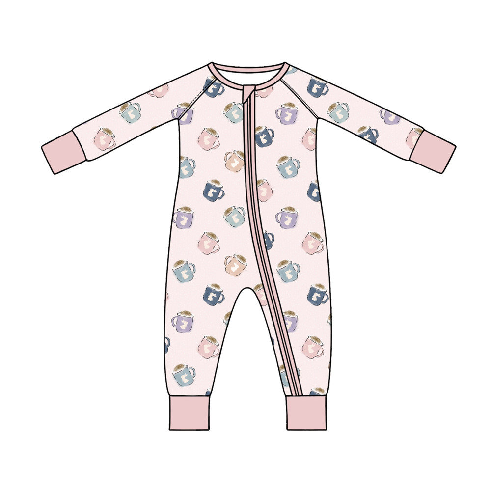 Preorder (moq 5) Baby Girl Clothes Easter Cute Mug Bunny Mixed Print Long Sleeve Zipper Romper