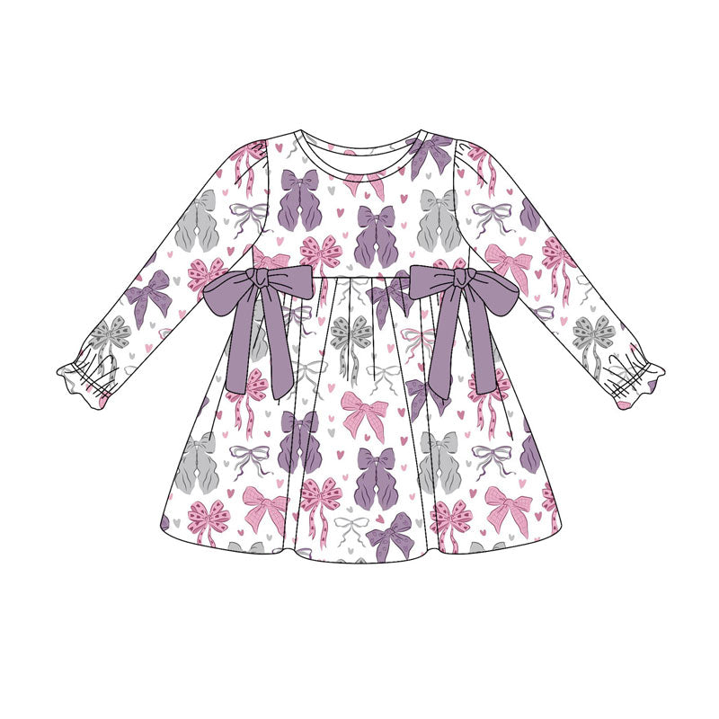 Preorder(moq 8)Baby Girls Pink Purple Hearts Bows Valentine Ruffle Knee Length Dresses