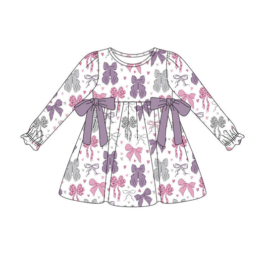 Preorder(moq 8)Baby Girls Pink Purple Hearts Bows Valentine Ruffle Knee Length Dresses