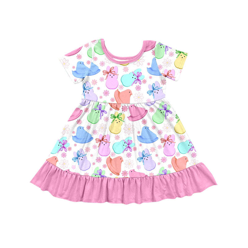 Preorder(moq 8)Baby Girls Colorful Rabbits Chicks Flowers Easter Ruffle Knee Length Dress