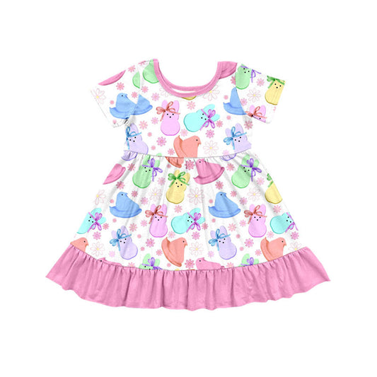 Preorder(moq 8)Baby Girls Colorful Rabbits Chicks Flowers Easter Ruffle Knee Length Dress